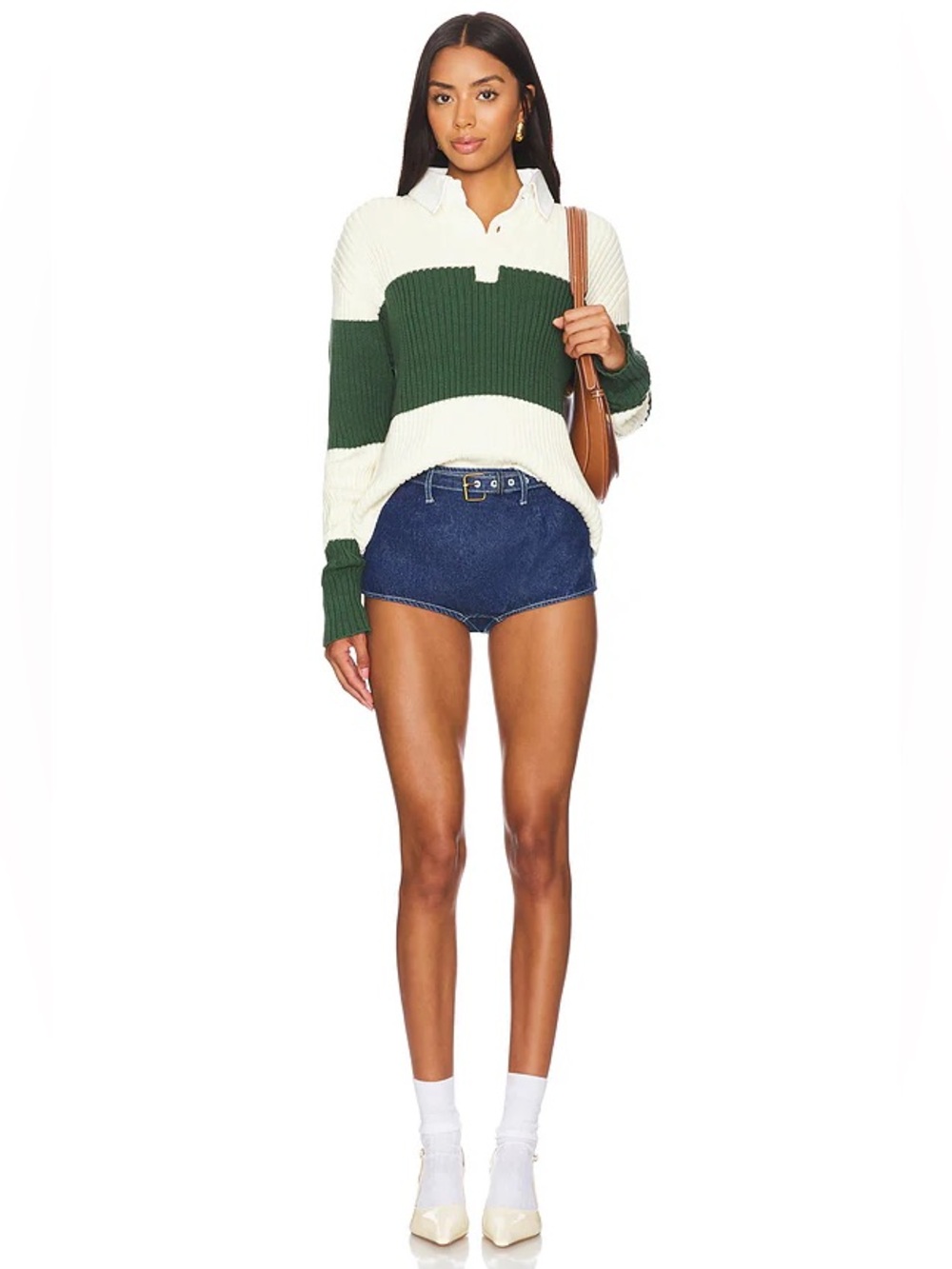 Lioness Prince Rugby Sweater Top in Moss Stripe Green White Collared XS - Picture 3 of 10